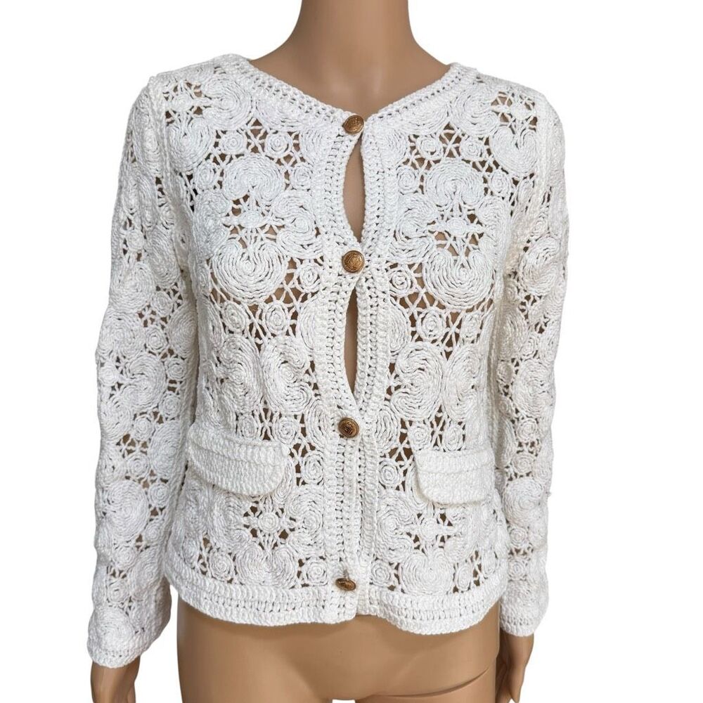 White cotton Crochet Button Cardigan flare sleeve size S? - Picture 3 of 8